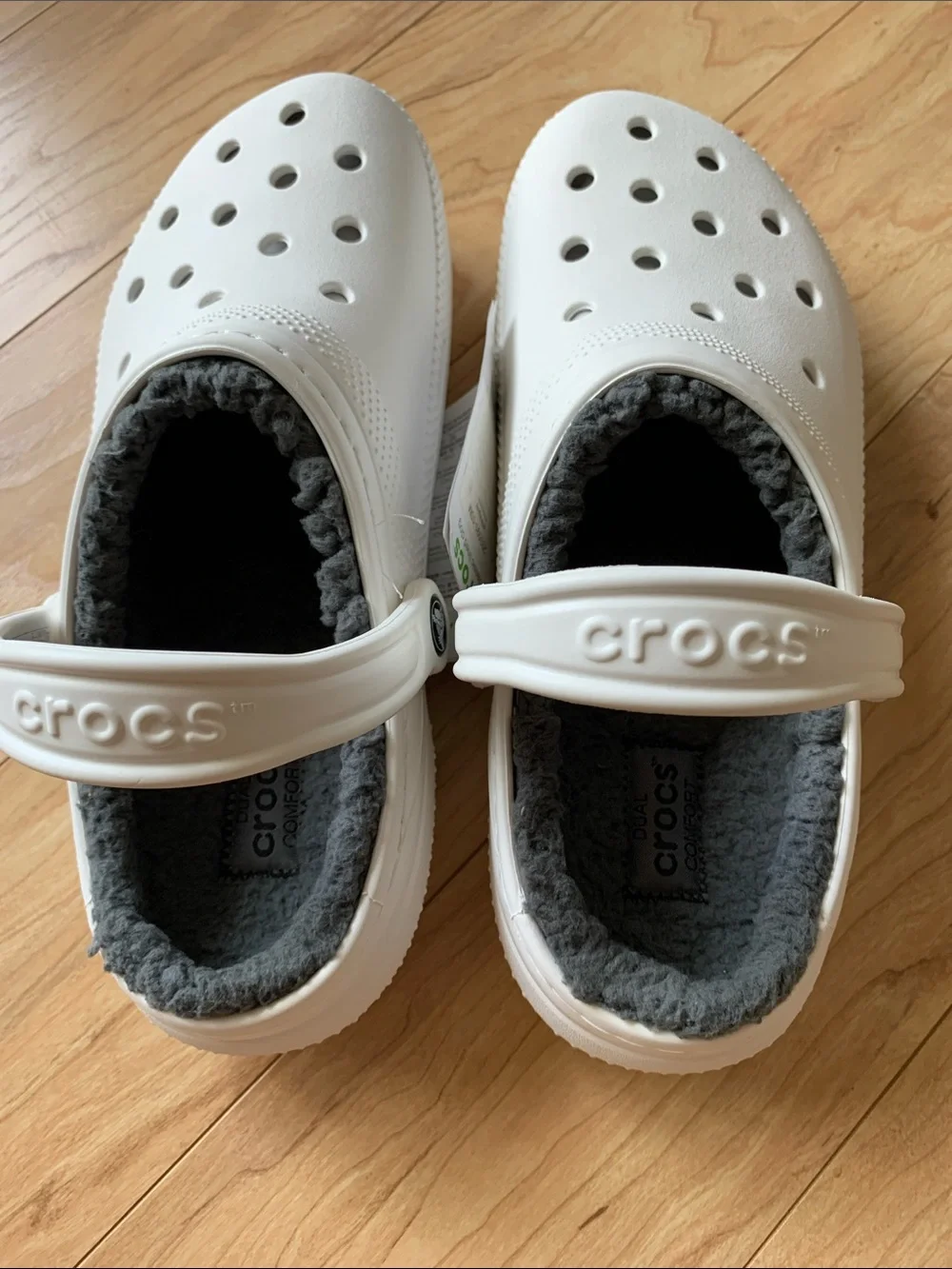 CROCS  Classic White Clog with Gray Fleece Lining unisex
